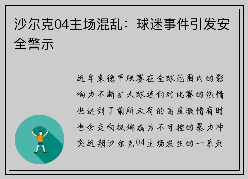 沙尔克04主场混乱：球迷事件引发安全警示
